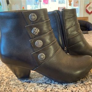 Dansko black booties with heel and fashion buttons, size 37.